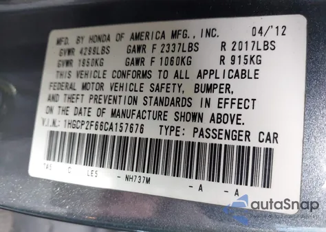 2012 Honda Accord 2.4 Se z USA, uszkodzony, nr VIN 1HGCP2F66CA157676